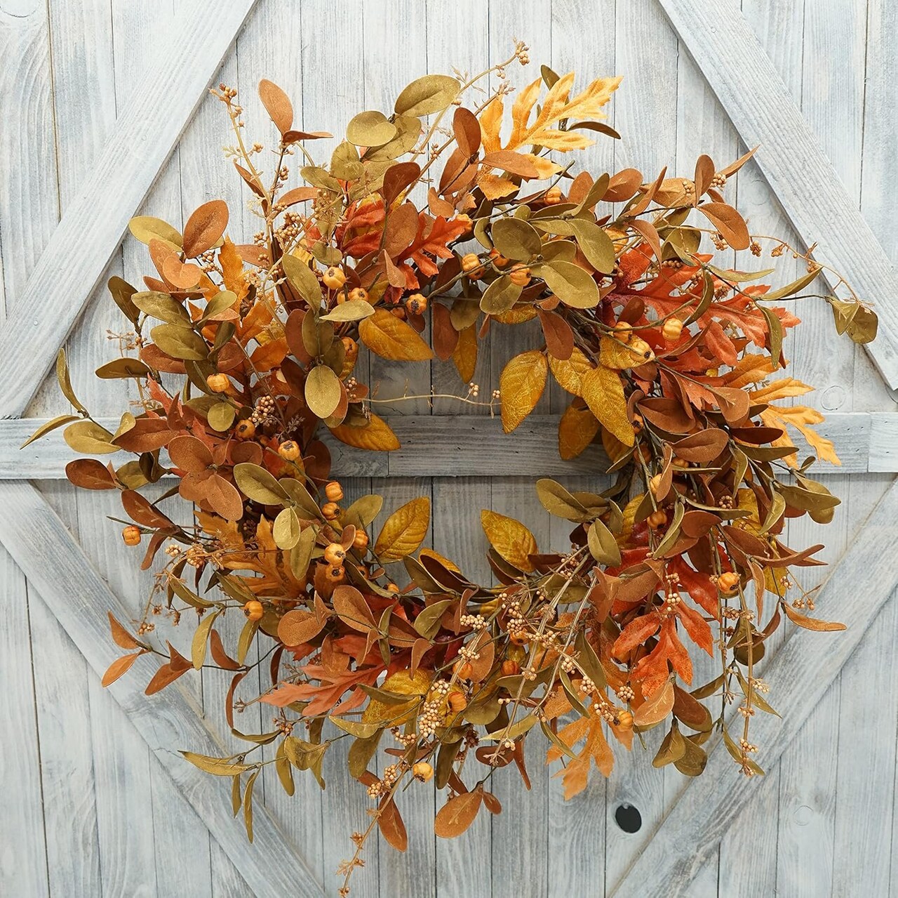 Artificial Fall Wreath for Front Door Autumn Wreath with Bright Oak Leaves, Small Pumpkin, Berry Branches, and Mixed Leaves for Farmhouse Indoor Outdoor Window Wall Door Decor.
